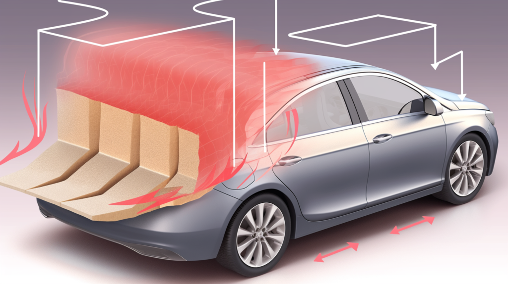 An illustrative representation depicting the concept of effective car soundproofing through layers. The image features a cross-section of a vehicle with labeled layers. The first layer illustrates Vibration Damping, showcasing the application of self-adhesive sound deadener sheets to body panels. The second layer represents Sound Blocking, highlighting the use of thick, dense sound barrier mats to block external noises. Optionally, a third layer signifies Absorption, incorporating acoustic foam panels to address reverberation. Arrows and visual cues underscore the synergy of these layers for a holistic car soundproofing approach, ensuring a quieter and more comfortable driving experience