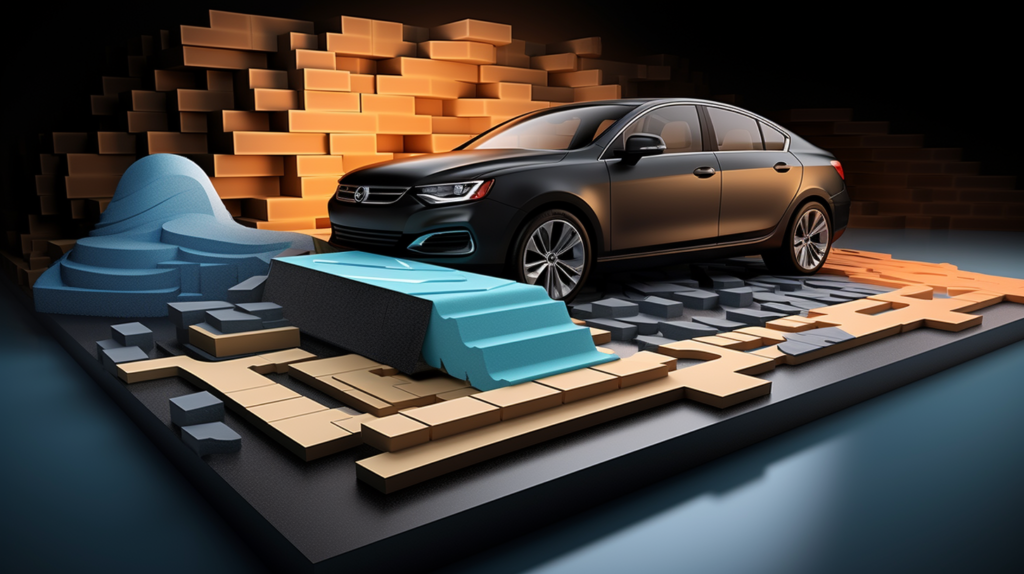 An illustrative representation highlighting crucial soundproofing materials and treatments for cars. Sound Deadening Mats, exemplified by Damplifier Pro, are showcased with a detailed illustration of their layered construction. Sound Blocking Barriers, represented by Luxury Liner Pro, are displayed with a visual emphasis on the thick vinyl decoupler layer. Acoustic Foam panels like OverKill Pro and MegaZorbe are strategically placed in areas such as inner door panels and trunks. Arrows and visual cues provide clarity, underlining the synergistic use of these materials for a holistic approach to car soundproofing, resulting in a quieter and more comfortable cabin environment