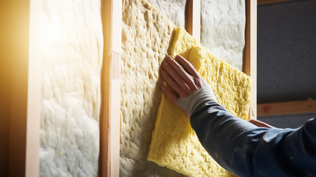 A professional installs mineral wool insulation between wall studs. The image depicts the fine fibers of mineral wool, emphasizing its effectiveness in insulating and soundproofing. The soft natural light accentuates the safety and durability of the material, making it ideal for long-term use in construction applications.