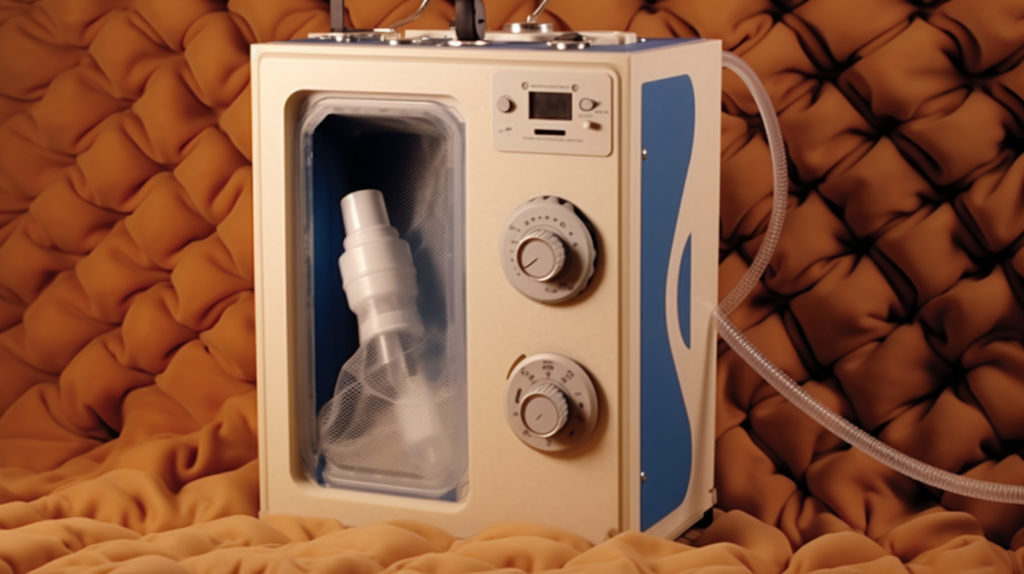 An aspirator finds refuge in a soundproof box or closet, creating a quiet haven during operation. A heavy sound-dampening blanket elegantly drapes over it, absorbing and muting noise. In the image, a person wears noise-canceling headphones, exemplifying a courteous approach to shield themselves from noise while respecting those nearby. This visual portrays alternative methods for noise reduction, offering practical solutions for a quieter environment.