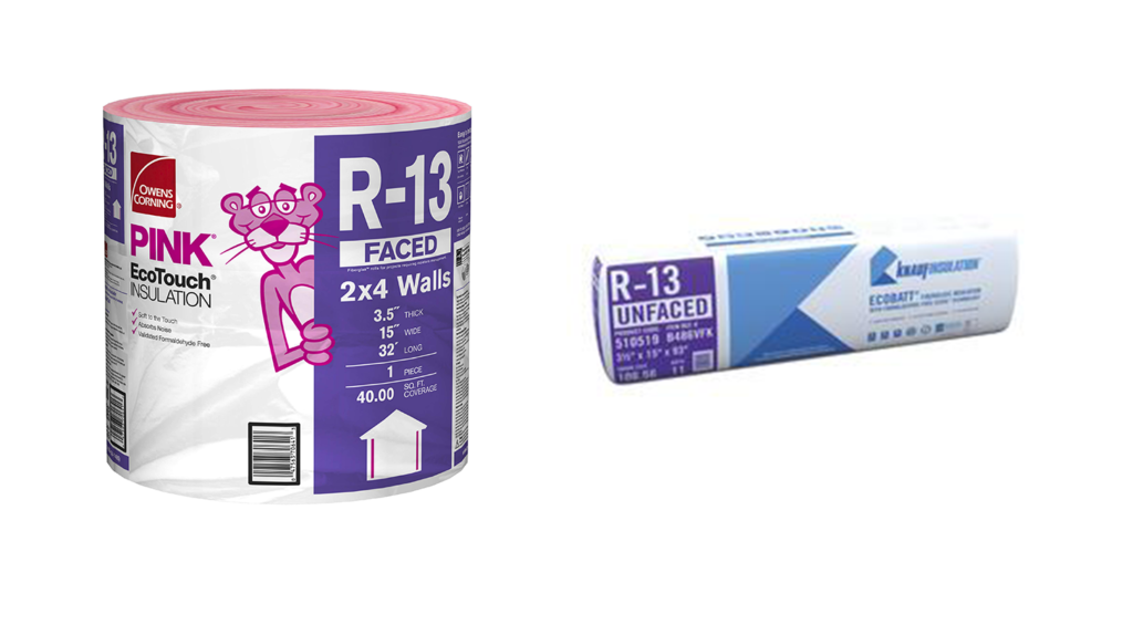 A depiction illustrates R13 insulation, showcasing its flexibility and application in a wall. The cross-section view features neatly installed R13 insulation between the studs, represented by flexible fiberglass batts with fine glass fibers and air pockets providing insulating properties. Visual cues, such as heat flow arrows and an R13 label, emphasize the insulation's ability to resist heat flow moderately well. This visual representation aims to convey the flexibility and composition of R13 insulation, commonly used in home construction for walls, floors, and attics.