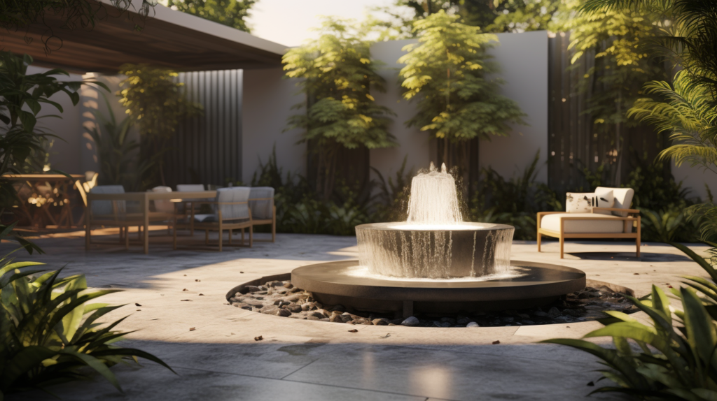 An informative image depicting the use of water features to mask noise in an outdoor setting. A tabletop fountain on a patio emits calming bubbling noises to cover close-range unwanted sounds, while a larger freestanding water feature adds splashing and rumbling for louder masking volume. The image highlights the strategic placement of water features, considering the type and volume of unwanted noises, and includes soft lighting for nighttime visual appeal. The coordination of multiple water elements, such as fountain urns or a combination of a rock fountain and a small stream, contributes to extended spatial masking. A person engaged in regular cleaning and maintenance activities emphasizes the importance of keeping water features in optimal condition for effective noise reduction. This visual guide communicates the aesthetic and practical benefits of incorporating water features for a quieter and more enjoyable outdoor environment.