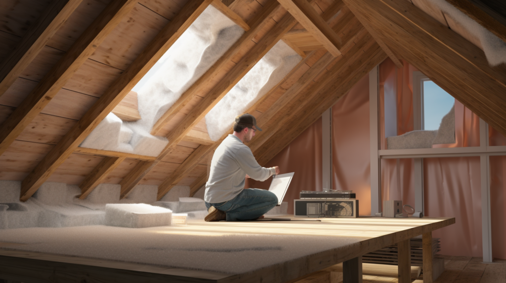 An informative image portraying the process of upgrading attic insulation as a crucial step in a soundproofing project. The image showcases a person actively adding blown-in cellulose or fiberglass insulation to the attic space, ensuring an even distribution that covers joists and rafters for optimal noise absorption. The visual guide highlights the importance of targeting an R-value of R-30 or higher for effective soundproofing results. The person is also shown diligently sealing any remaining air leaks between the attic and living space, with a focus on areas around attic doors, hatches, ducting, and vents. This image conveys the correlation between attic insulation, noise absorption, and the overall success of soundproofing efforts in the home.