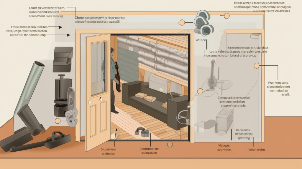 A practical visual representing the initial step in soundproofing a sliding door – 'Gathering Materials.' The image showcases a person collecting essential soundproofing supplies, including acoustic sealant, rubber weatherstripping, soundproof rubber panels, acoustic caulk, and a rubber door sweep. Arrows guide the viewer through the key materials needed for the project, emphasizing the significance of specialty supplies for effective noise reduction. This visual sets the stage for the upcoming installation process, highlighting the importance of having the right tools on hand for a successful soundproofing endeavor.