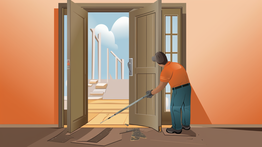 An instructive image depicting the process of upgrading doors as a crucial step in a soundproofing project. The image features a person actively replacing hollow core interior and exterior doors with solid core doors to block noise transmission through walls. The person ensures that new exterior doors have weatherstripping around the full perimeter to seal gaps when closed. Door sweeps and thresholds are installed at the base of the doors for extra protection, with a focus on acoustic automatic door bottoms that seal off the gap when the door is closed. For interior doors between rooms, the person adds door sweeps and replaces hollow cores with solid cores, complemented by door gaskets and jamb seals to block sound leakage around the edges. This image highlights the importance of upgrading doors for an effective soundproofing strategy, preventing noise transfer in and out of the home.