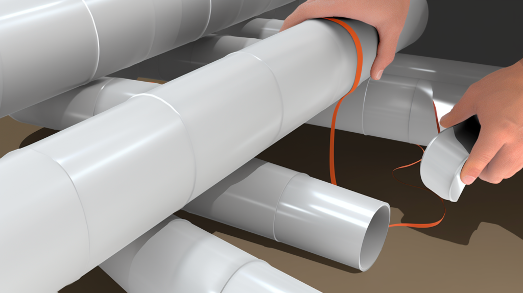 An informative image illustrating the process of insulating pipes to prevent vibrations within a comprehensive soundproofing initiative. The image features a person applying acoustic pipe insulation, which is lined with mass-loaded vinyl or a similar noise-blocking material, to accessible plumbing pipes. This insulation serves as an effective barrier, preventing vibrations generated by the flow of water or air from transferring into the surrounding walls, floors, or ceilings. The visual guide underscores the importance of sealing any gaps or collars around the pipes with caulk or spray foam for optimal soundproofing. Additionally, the image may include a representation of ductwork with acoustic duct lining or exterior duct insulation to absorb vibrations. Properly insulating noisy plumbing and HVAC systems is crucial for eliminating annoying rattles and vibrations that might intrude through the building's structural elements.