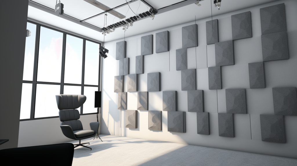 An informative image illustrating the implementation of acoustic treatments to absorb excess noise within a room as part of a comprehensive soundproofing approach. The image showcases a thoughtfully arranged room with strategically positioned acoustic panels on the walls, designed to absorb sound and minimize echoes. Heavy curtains are elegantly hung on windows, contributing to enhanced sound absorption. The room features carpeted flooring, emphasizing the reduction of reverberation. The visual guide underscores the importance of addressing rooms with excessive hard and reflective surfaces, such as tile, concrete, glass, or bare drywall. Acoustic treatments, including panels, blankets, and curtains, play a key role in creating an acoustically balanced and soundproofed environment.