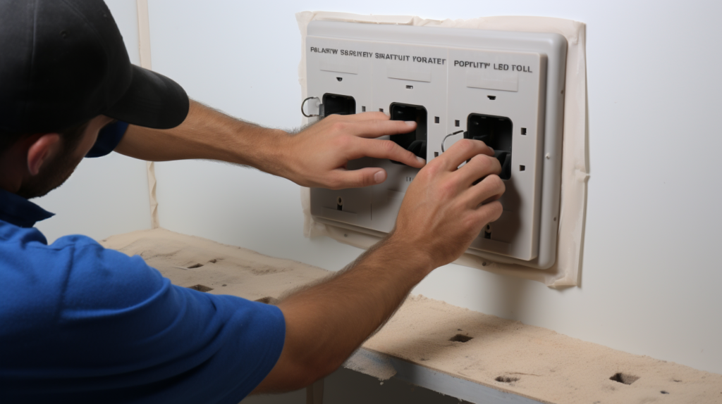 An informative image depicting the process of sealing electrical outlets and vents as a vital step in a soundproofing project within an unfinished basement or attic space. The image showcases a person applying acoustic putty pads underneath outlets and switches in problem areas. These pads adhere to the backside of the outlet box, expanding to seal gaps and effectively preventing noise infiltration through openings in the wall. The visual guide also highlights the installation of acoustic vent covers and register boots for vents in the duct system. These covers feature sound-absorbing insulation to dampen noise, forming an airtight seal against the wall or ceiling. The image underscores the importance of caulking or foaming any remaining gaps around outlets, vents, or fixtures for optimal soundproofing. This step is crucial in preventing the transmission of echoed voices and equipment noise to unwanted areas.
