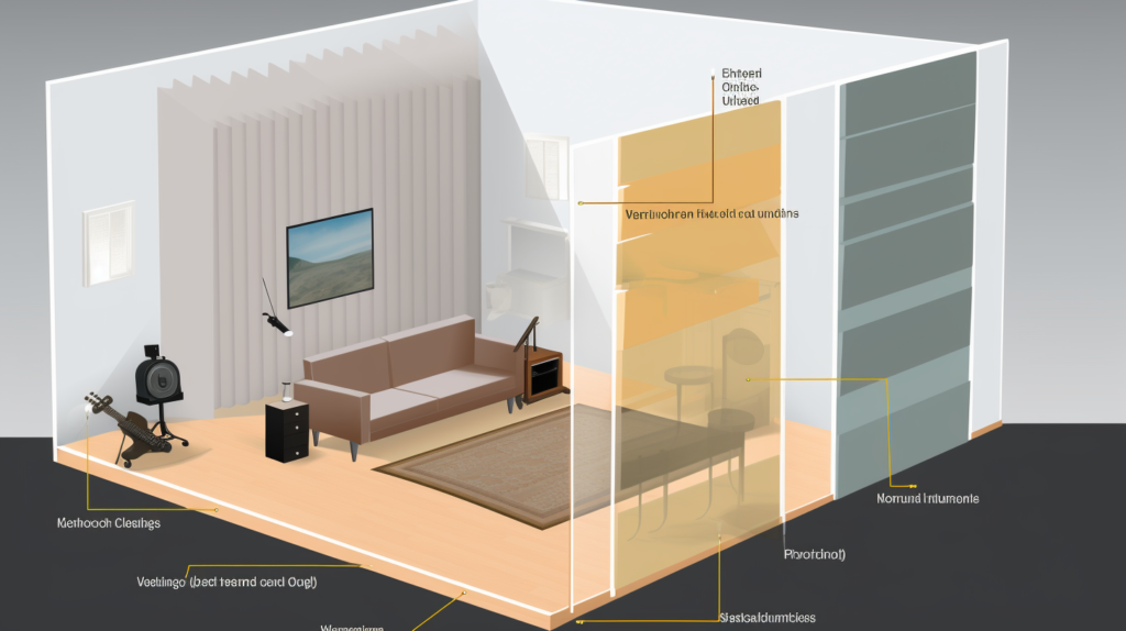 A detailed diagram showcases additional soundproofing strategies to complement NBR panels in a room. Visual elements depict the installation of thick curtains, door seals, thick rugs, acoustic insulation, and the elimination of leaks. Clear labels and annotations explain each strategy's role in enhancing soundproofing, illustrating how these measures work in tandem with NBR panels for a comprehensive and effective noise reduction solution