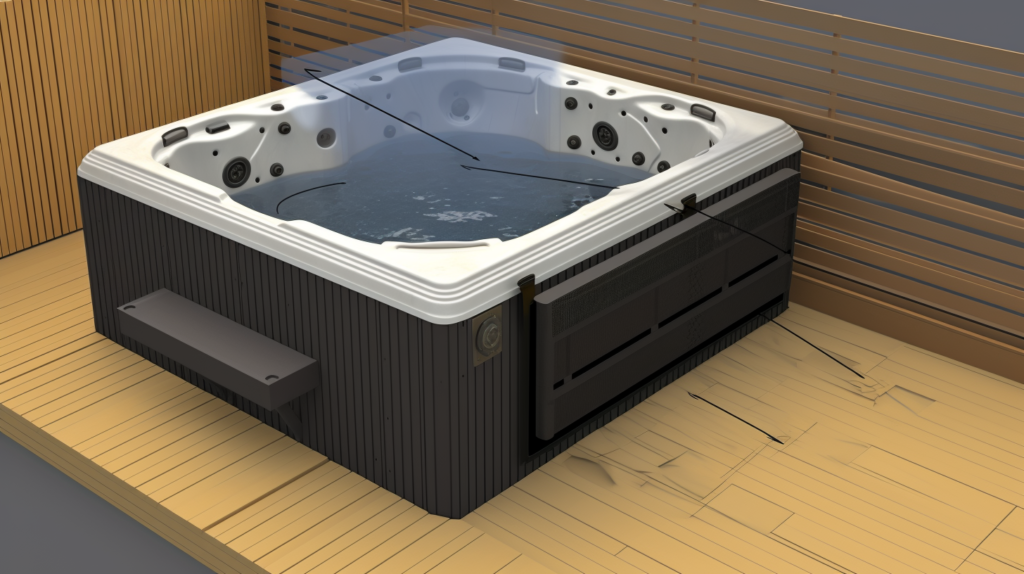 An informative visual representation showcasing additional recommendations for further reducing any residual motor noise in a hot tub soundproofing project. The image illustrates the installation of dense rubber vibration isolator pads under the entire hot tub structure, preventing the transfer of motor vibrations into the floor or decking. It also shows the application of mass loaded vinyl sheets to the interior cabinet walls, creating a dense sound barrier. The visual guide emphasizes the annual check of mounting bolts securing the motor, pumps, and equipment pad for corrosion, recommending replacement with new marine-grade stainless steel hardware for a permanent vibration-free installation. The alternative text provides a thorough description of the visual elements for accessibility