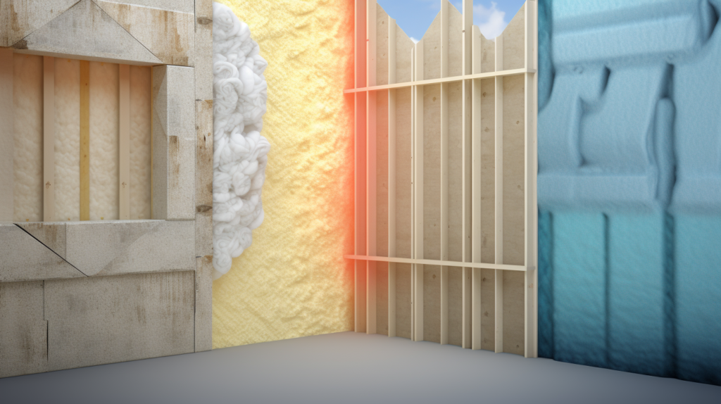An illustrative comparison depicts spray foam insulation alongside alternative soundproofing materials. The visual emphasizes the applications and characteristics of each material, including the dense and porous structure of rock wool, the limp and dense nature of mass loaded vinyl (MLV), and the decoupling effect of damping clips. Captions provide insights into the unique features of each option for effective sound blocking.