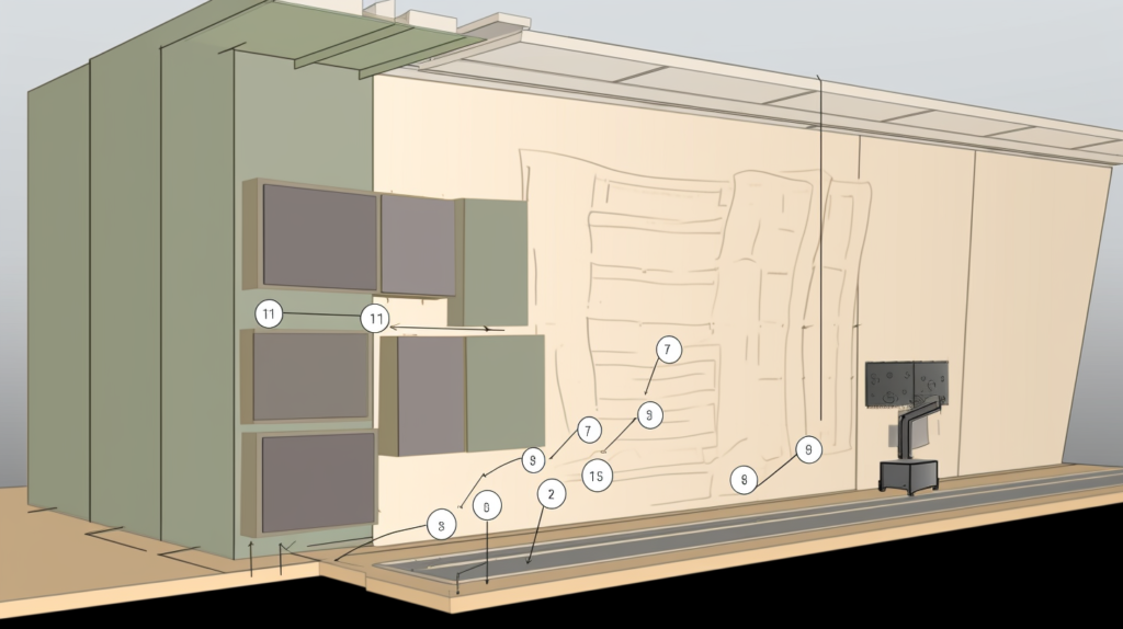 An illustrative image highlighting the careful selection process of appropriate acoustic panels for a large hall. The visual guide showcases the evaluation of noise issues, consideration of frequency ranges, checking noise reduction coefficients (NRC), and weighing aesthetics and budget. The image emphasizes the importance of these factors in optimizing the acoustics of the space. Each element contributes to choosing panels that effectively address reverberation issues while complementing the overall design vision. The alternative text provides a thorough description of the visual elements for accessibility