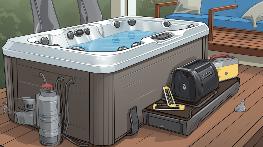 An informative image detailing the preparatory steps to take before starting a hot tub motor soundproofing project for maximum success. The visual guide visualizes the process of switching off electrical power, draining water, removing exterior cabinet panels, storing hardware, cleaning motor components with a degreaser, and inspecting/tightening loose equipment mounting hardware. The image emphasizes the simplicity and importance of these preparatory steps. The alternative text provides a thorough description of the visual elements for accessibility