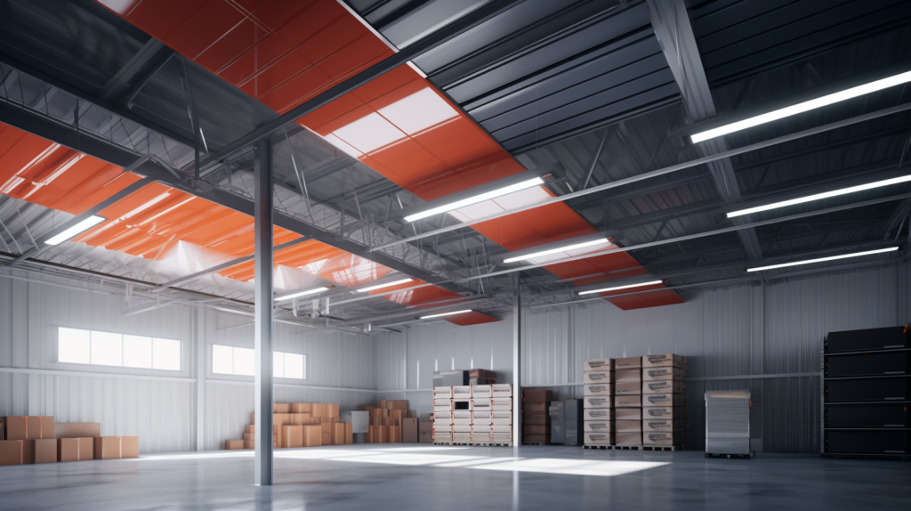 A visual guide unfolds, detailing the step-by-step process of soundproofing the metal ceiling in a warehouse. The initial image captures the metal roof panels, emphasizing the need to address noise infiltration and create a quieter interior space.