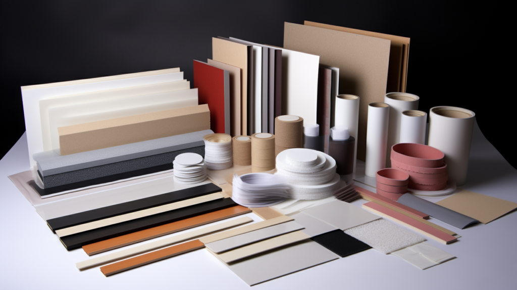 A composition of soundproofing materials arranged for a wall vent project. Tubes of acoustic caulk, rolls of soundproof duct liner, flexible vibration isolating duct connectors, MDF or plywood sheets, containers of acoustic sealant, and bundles of sound-absorbing insulation are displayed, emphasizing the essential elements for effectively soundproofing a wall vent