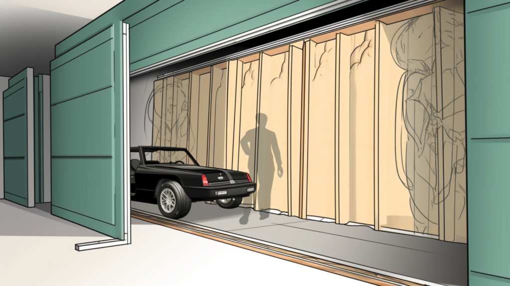 A step-by-step visual guide to the fifth stage of soundproofing a sliding door – 'Installing Door Sweep.' The image showcases a person measuring the width of the door, cutting a rubber door sweep, and precisely installing it onto the bottom edge of the door. Arrows guide the viewer through the process, emphasizing the need for full contact and compression to ensure effective noise sealing. The visual underscores the significance of the door sweep in completing the noise sealing, blocking sound from leaking through the gap between the bottom of the door and the floor surface