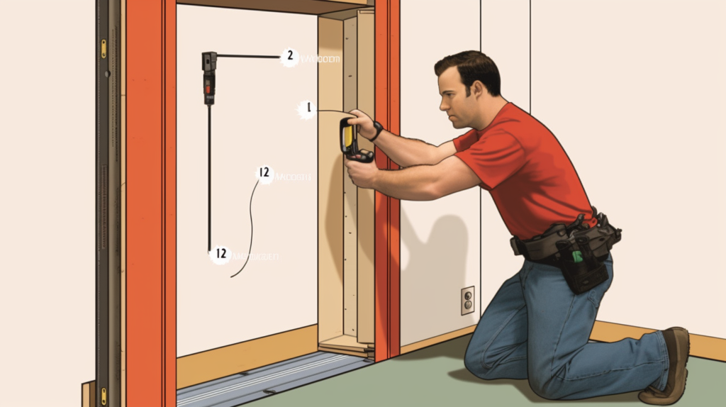 A step-by-step visual guide to the third stage of soundproofing a sliding door – 'Installing Weatherstripping.' The image showcases a person taking precise measurements of the door edges, cutting rubber weatherstripping strips, and meticulously installing them along the frame. Arrows guide the viewer through the careful process, emphasizing the need for even and precise installation to create a strong bond that effectively seals off airflow and prevents noise leaks. This visual highlights the significance of thorough weatherstripping as a crucial preparation for the next stage of adding sound dampening materials to the door.