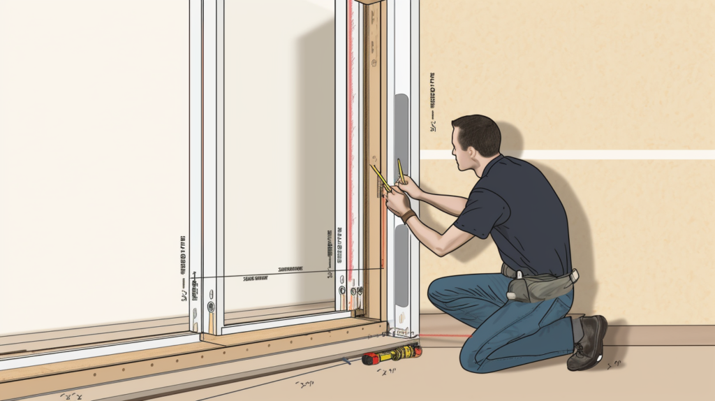 A visual representation of the second step in soundproofing a sliding door – 'Inspect and Seal the Door Frame.' The image showcases a person using a flashlight to thoroughly inspect the door frame for cracks and gaps, identifying potential sound leak points. Arrows guide the viewer through the meticulous application of acoustic sealant using a caulking gun, emphasizing the creation of an airtight barrier. This visual highlights the importance of a comprehensive inspection and sealing process to establish a strong foundation for effective soundproofing before enhancing the door itself