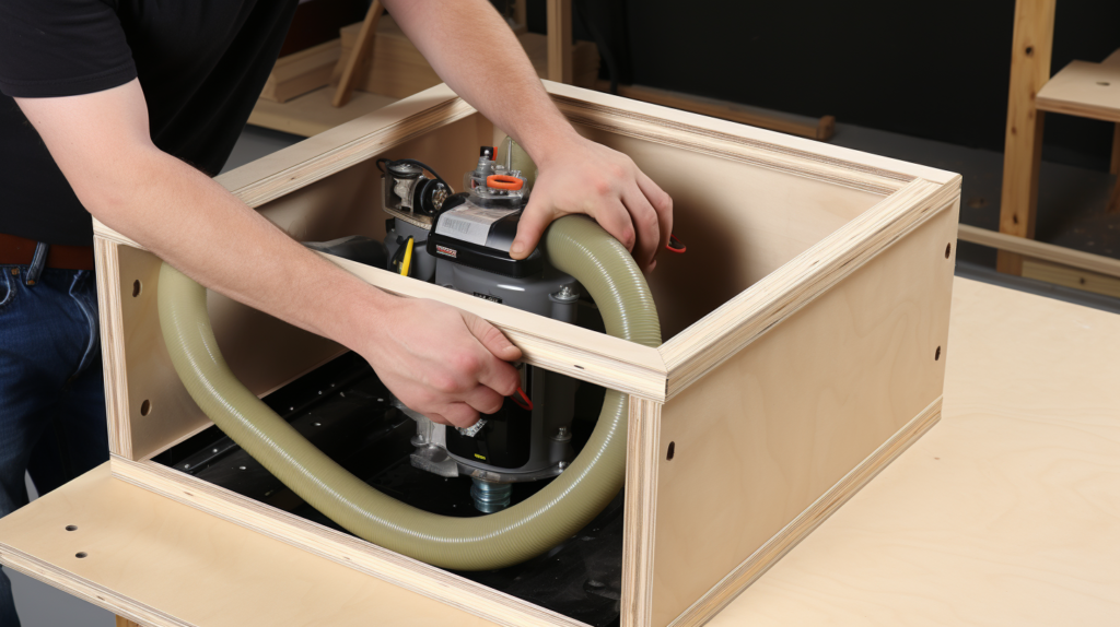 Step-by-step guide to soundproofing your air pump. Images depict the construction of a soundproof enclosure, installation of vibration isolators, airtight sealing using acoustic caulk, and the addition of a noise dampening mat. The process ensures a quiet and disturbance-free operation for your air pump
