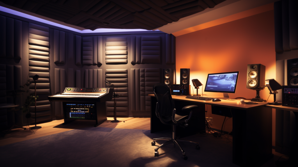 A visual representation of an artist recording vocals in a professionally treated room. Acoustic panels strategically placed on the walls control sound reflections and reverberations, fostering an environment conducive to accurate monitoring. Soft, diffused lighting adds to the ambiance, creating a comfortable space for the artist to deliver a confident and precise vocal performance