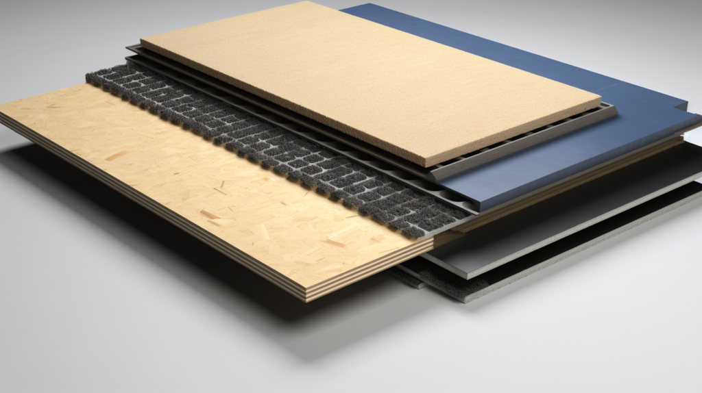 An informative image series illustrates the various methods employed to treat workshop floors and control noise. The installation of acoustic underlayment, featuring mass-loaded vinyl, cork, or recycled rubber beneath the floor's surface finish material, is showcased. Floating floors over this quality underlayment are highlighted as decoupled from the subfloor, effectively reducing transmitted impact noises and airborne sound transfer.