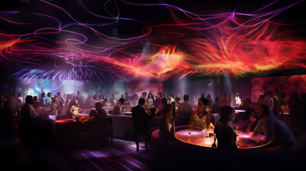 On the left, the vibrant scene of a nightclub with pulsating music and energetic crowds; on the right, a visual representation of the benefits of soundproofing. Reduced noise issues meet local regulations, preventing fines and ensuring neighbor satisfaction. Improved interior acoustics enhance the music experience, and sound isolation measures protect hearing health. Higher profits and increased property value become evident, showcasing the long-term strategic benefits of a well-soundproofed nightclub. The image tells a story of a thriving business in harmony with its community, where the investment in soundproofing pays dividends for years to come