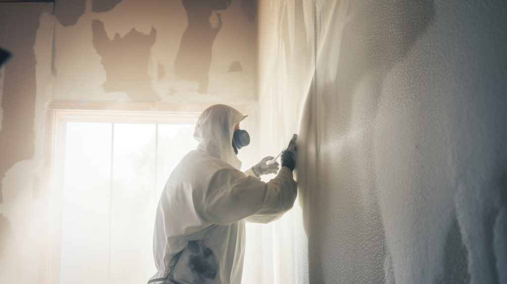 In a controlled environment, a skilled technician dons protective gear and expertly applies spray foam insulation to a wall for soundproofing. The image conveys the deliberate process of layering foam lifts, ensuring thorough coverage and optimal density. The play of light and shadow highlights the meticulous technique, emphasizing the importance of precision in creating a robust soundproofing barrie