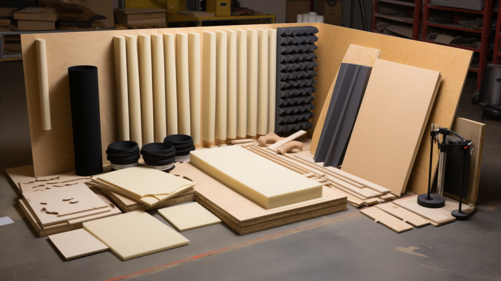 An organized arrangement of materials for soundproofing an air pump. Acoustic foam panels, plywood, noise dampening mats, vibration isolating mounts, and sealant/caulk form the toolkit for creating a quiet oasis. Each item serves a specific role in the soundproofing process, promising a serene and noise-free operation for your air pump.