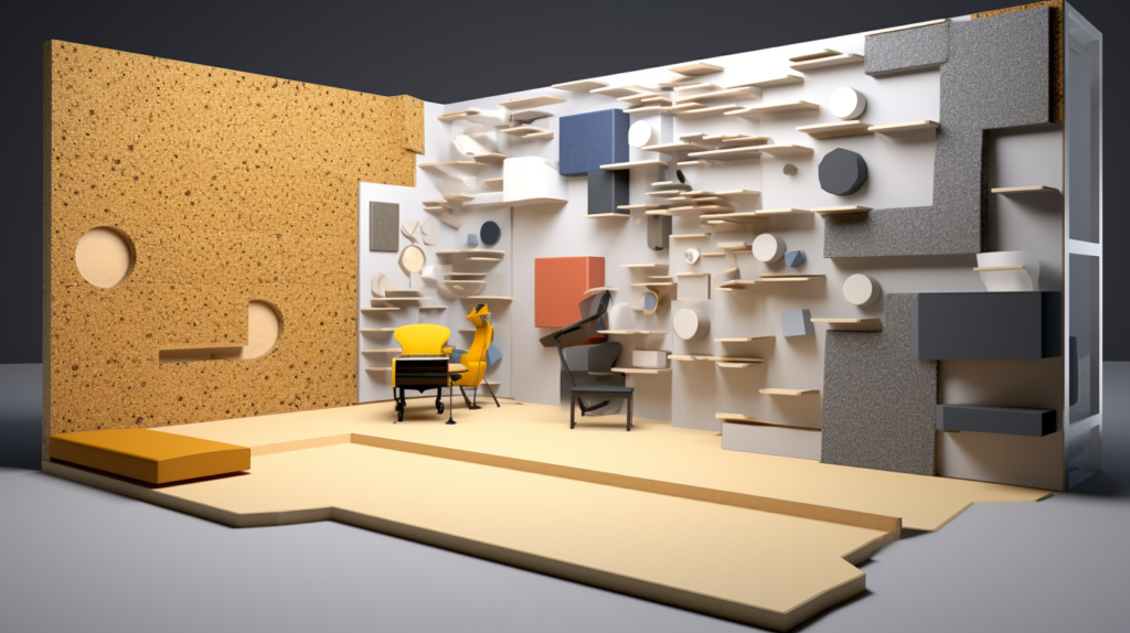  a room grappling with the challenge of noise control, puzzle pieces representing common surface-level soundproofing materials – Mass Loaded Vinyl (MLV), Cork, Foam Panels, and Fiberglass – lay scattered. Each piece symbolizes a different attempt, each with its limitations. In stark contrast, a spotlight illuminates Nitrile Butadiene Rubber (NBR) panels, showcasing their superiority in overcoming the challenges of non-invasive soundproofing. The images narrate a tale of innovation, where traditional solutions fall short, and advanced materials emerge as the key to effective sound contro