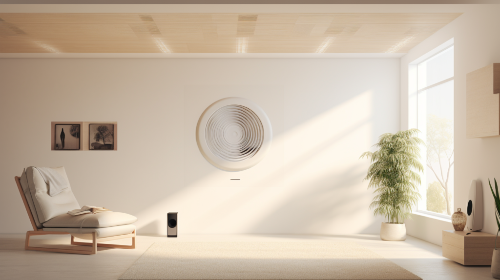 A thoughtfully soundproofed wall vent integrated into a peaceful room setting. The image illustrates the tranquility achieved by preventing noise transfer, showcasing the importance of acoustic isolation for a harmonious living space