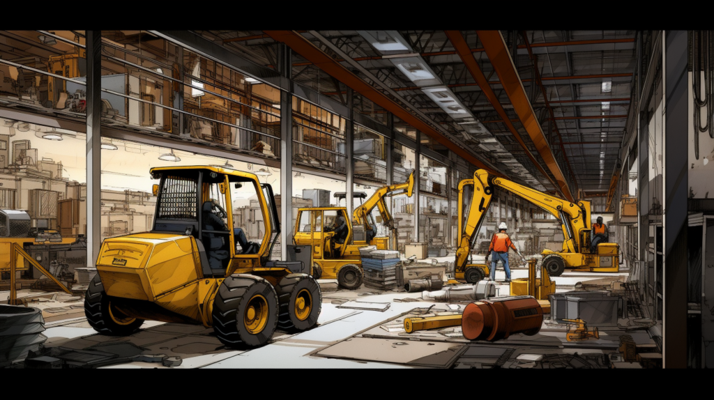 A visual guide unfolds, detailing effective strategies for isolating noisy equipment in a warehouse or industrial setting. The initial image captures various sources of noise, including heavy machinery, motors, and pneumatic tools, emphasizing their impact on the work environment.