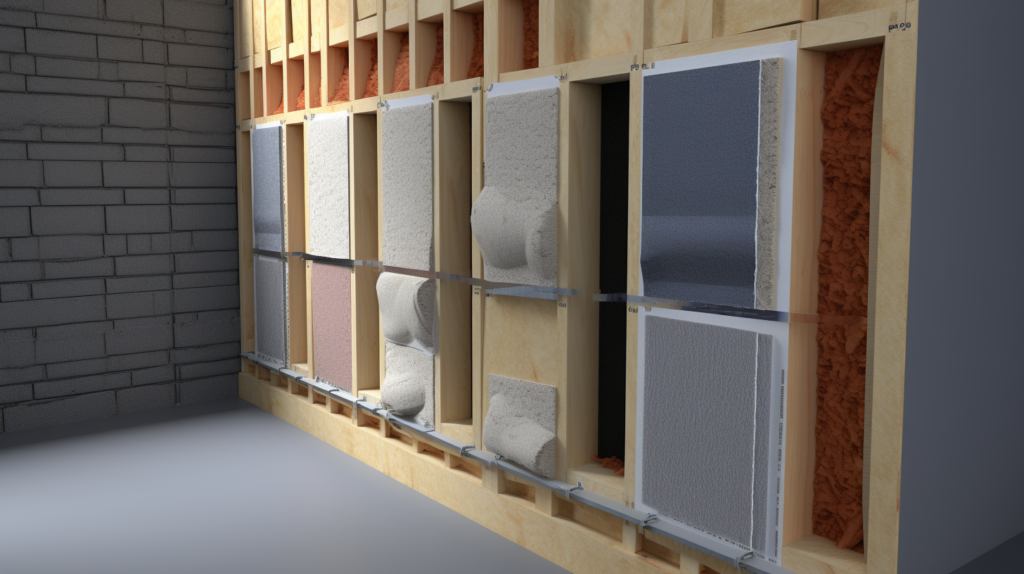 A visual guide unfolds, detailing the meticulous process of insulating between wall studs for optimal soundproofing in a workshop. The initial image captures the selection of soundproofing-specific insulation like rockwool or fiberglass, emphasizing the use of denser materials for superior noise and vibration dampening.