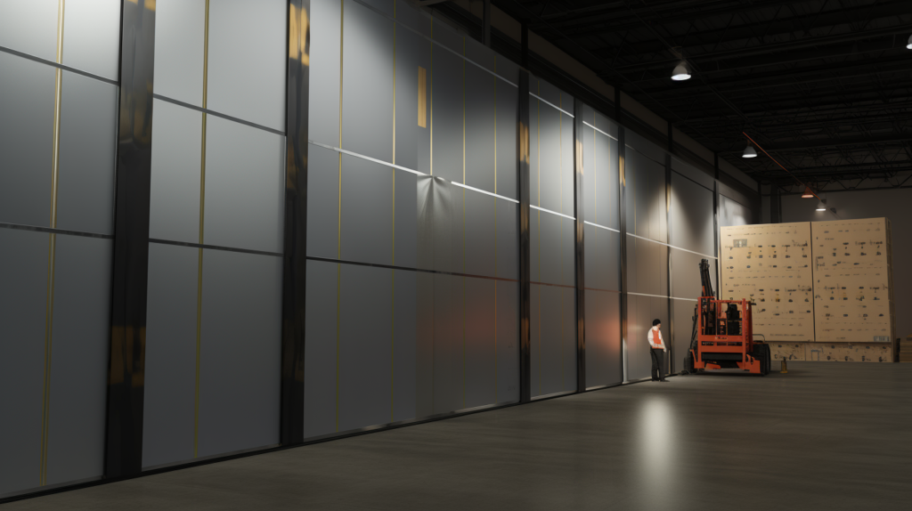 A comprehensive visual guide unfolds, detailing the step-by-step process of soundproofing metal exterior walls in a warehouse. The initial image captures the exterior of the warehouse, emphasizing its metal walls and the challenge of external noise transmission.