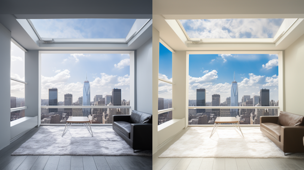 A dual portrayal of a skylight's auditory journey unfolds in this image. On one side, the chaos of external noise threatens the serenity within. On the other, hands carefully apply soundproofing, weaving an acoustic shield around the skylight. The transformation symbolizes the profound impact of soundproofing – from a potential disturbance to a cocoon of quietude. This visual narrative encapsulates the compelling reasons behind the decision to soundproof a skylight, promising a haven where peace and comfort reign supreme