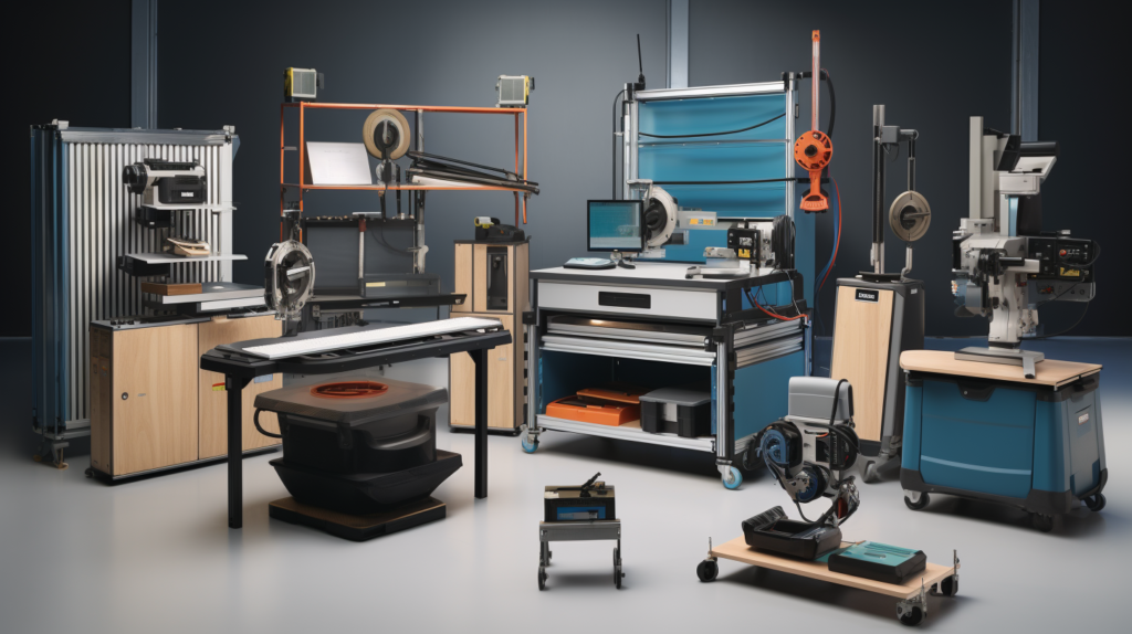 An instructive image series illustrates effective strategies for upgrading workshop equipment to minimize noise. A side-by-side comparison showcases traditional and quieter models of machinery, power tools, and appliances, emphasizing the preference for low-noise, silent, or quiet models. The image features a workshop equipped with cutting-edge tools incorporating noise reduction technology, such as sound-dampening enclosures and vibration isolators, ensuring a quieter work environment.