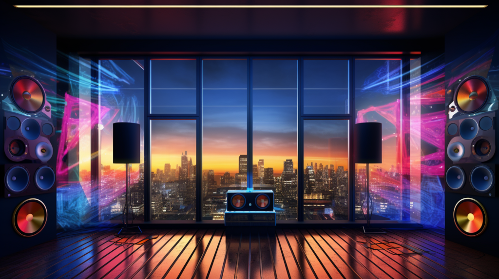 On the left, the dynamic atmosphere of a nightclub with vibrant music and bass notes; on the right, a strategic transformation unfolds. Single pane windows are replaced with new double or triple pane windows, creating air gaps between panes for enhanced noise transmission loss. Window frames are meticulously inspected, and any cracks or gaps are sealed with acoustic caulk for optimal sound isolation. For cases where full replacement is not feasible, interior window inserts are added, forming a double pane effect with a complete airtight seal. The image illustrates the crucial role of addressing windows in the soundproofing process, containing the nightclub's lively ambiance within its wall