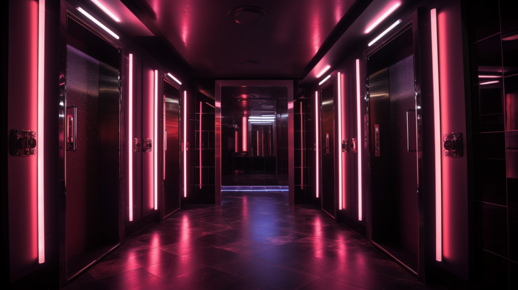 On the left, the varied entrances and spaces within a nightclub; on the right, a systematic transformation occurs. Hollow core doors are replaced with solid wood or steel door slabs, providing vastly superior noise-blocking capacity. High-quality weatherstripping is installed around the entire door perimeter, ensuring a tight seal when closed. Automatic door bottom sweeps on the inside prevent sound flanking underneath. In cases where full replacement is not feasible, mass-loaded vinyl sheets are added to existing doors, with thorough sealing of openings or cracks using acoustical caulk. The image illustrates the crucial role of soundproofing doors, maintaining the nightclub's vibrant sounds within its walls
