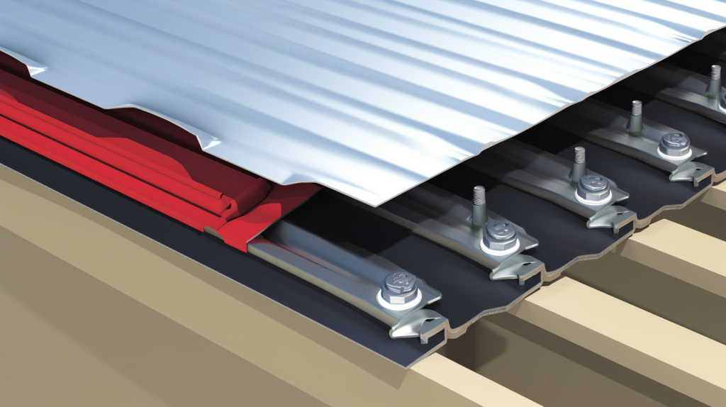 An illustration depicting the critical role of proper fasteners in securing a metal roof to prevent noise issues. On the left, loose or damaged screws, bolts, nails, or clips create vibrations, allowing metal panels to rattle freely. The consequences of shifting fasteners over time, leading to visible movement, audible rattling, and lifted panel edges, are highlighted. The right side emphasizes proactive measures, encouraging routine inspections of the roof to identify and address fasteners in need of replacement or re-tightening. Visual cues, such as visible movement and audible rattling, serve as indicators of potential issues. A battery-powered impact drill is recommended for efficient tightening, with a reminder to work carefully to avoid damage. For older roofs, the use of new and heavier-duty fasteners, particularly screws with a heavier gauge, is suggested. Proper spacing between fasteners prevents excess vibration, and adherence to manufacturer specifications is crucial. Enlisting professional roofing contractors for inspections and servicing fastener issues is portrayed as a worthwhile investment for roof noise reduction and safety. The overall image conveys the importance of keeping panels securely fastened for acoustic isolation and peace of mind