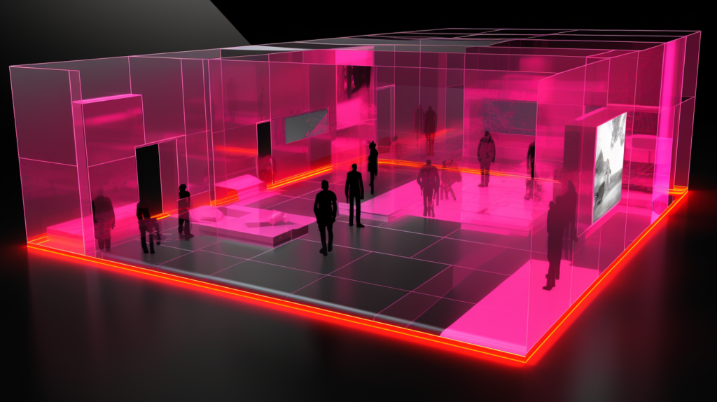 On the left, the vibrant dance floor with speakers directed towards patrons; on the right, a strategic transformation unfolds. A room-within-a-room stage enclosure is constructed with a floating floor system, absorbing vibrations and impacts. Baffles surround stage monitor speakers, amplifiers, and subwoofers, preventing sound overflow. Main loudspeakers are strategically angled towards the center of the audience area, with additional fill speakers for more even coverage. The image illustrates the significance of these techniques in reducing amplification, preventing noise leakage, and creating a quieter ambiance in the entire nightclub