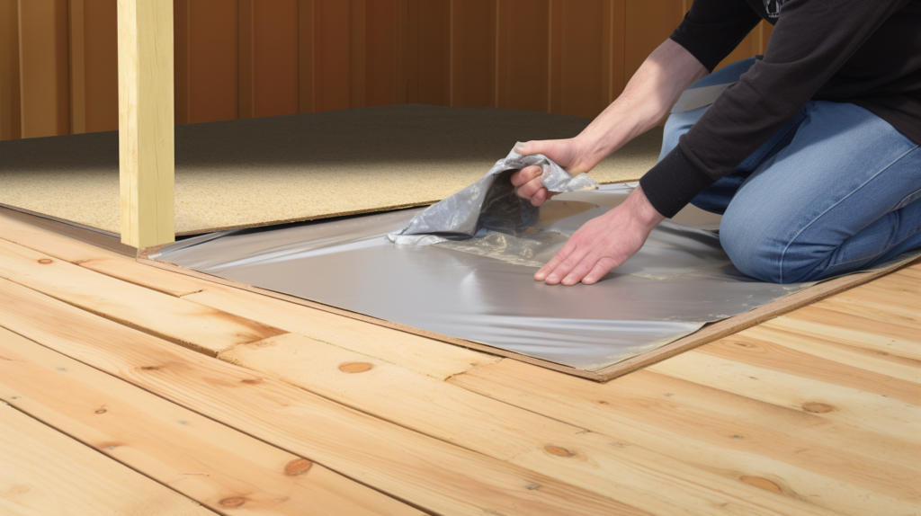 Visualize the transformation of a shed's floor, with hands unrolling mass-loaded vinyl (MLV) or cork underlayment over the subfloor. The image captures the meticulous process of sealing seams with acoustic caulk, creating a continuous noise-blocking layer. A floating floor of laminate, engineered hardwood, or vinyl plank is skillfully installed, isolated from the wood subfloor. Plush rugs are strategically placed, adding a touch of comfort and enhancing sound absorption. The sequence of images portrays the floor's evolution into a resilient foundation, shielding the shed from the intrusion of unwanted noise.