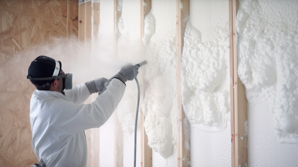 A detailed graphic presents the components and application process of spray foam insulation. The split view showcases the two separate parts of the polyurethane foam, the mixing process through a spray gun applicator, and the foam expanding to fill a wall cavity.
