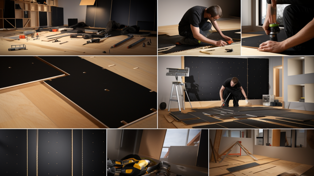 Collage of DIY soundproofing methods: A person confidently installs rubber acoustic underlayment, portraying the simplicity and hands-on nature of the project. Another scene illustrates the addition of plywood or MDF, showcasing the straightforward tools and steps involved. The final part displays a professional installing a floating floor system, emphasizing the advanced nature and effectiveness of this soundproofing technique. The image inspires and guides individuals in undertaking DIY floor soundproofing projects.