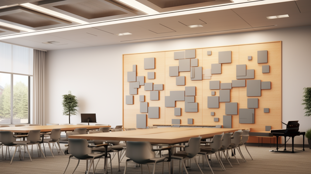 A visual representation of how acoustic panels and sound diffusers contribute to both sound optimization and room aesthetics. Acoustic panels, with options like fabric-wrapped and custom-printed polyester, enhance visual appeal while effectively improving sound quality. Traditional wooden sound diffusers, adorned with intricate geometric patterns, serve as unique visual elements, combining functionality with artistic design. This image emphasizes the importance of considering aesthetics when choosing between acoustic treatments.