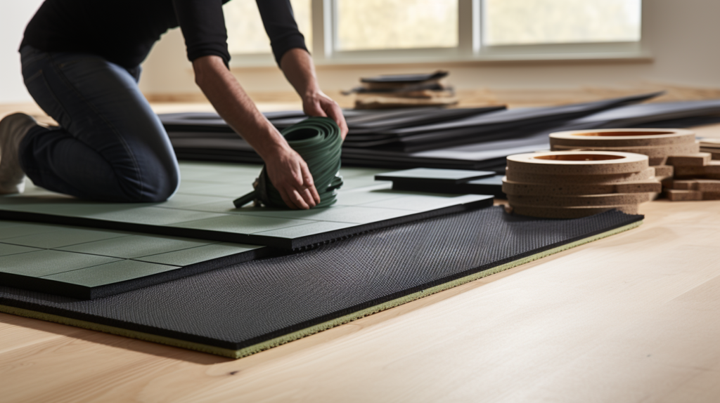 Visual depiction of soundproofing materials: A person installs rubber acoustic underlayment in one scene, emphasizing the simplicity and versatility of the material. In another scene, a room showcases the installation of a floating floor, demonstrating the aesthetic appeal and soundproofing efficacy of this method. The image captures the essence of effective and stylish floor soundproofing solutions.