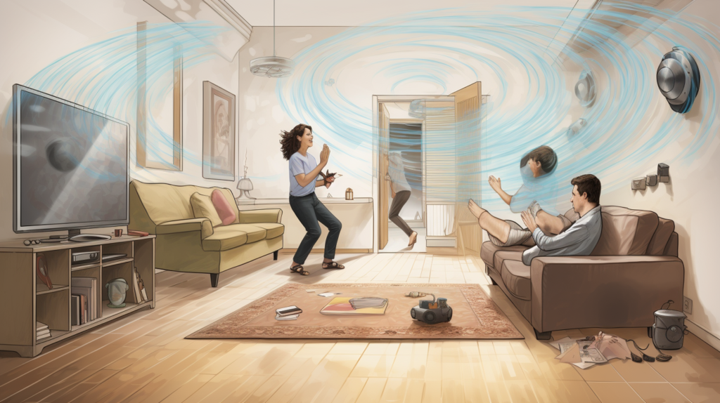 Illustration showcasing the three main types of floor-related noise transmission. In one scene, a person walks, representing impact noise; in another, a family watches TV, depicting airborne noise; and in the third scene, sound waves travel through walls and ceilings, symbolizing flanking noise. The image emphasizes the multifaceted nature of floor-related noise challenges and the importance of tailored soundproofing solutions