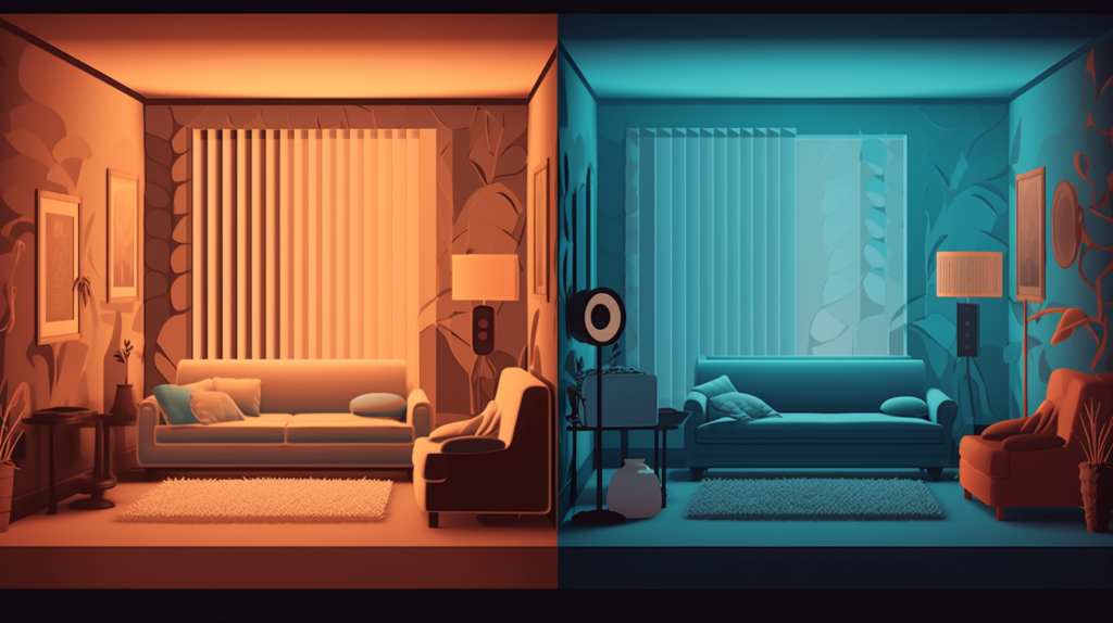 An illustrative comparison showcasing the difference between acoustic treatment and soundproofing. The 'before' scene depicts a room influenced by echoes and audio inconsistencies. The 'after' scene presents the impact of acoustic treatment with foam panels, diffusers, and bass traps, sculpting a more refined sound environment. The visual then transitions to soundproofing techniques, illustrating the addition of mass to walls, sealed gaps, and specialized materials, creating a barrier against external and internal sound. The image serves as a clear guide for readers exploring the nuances between improving sound quality within a room and containing sound for effective isolation