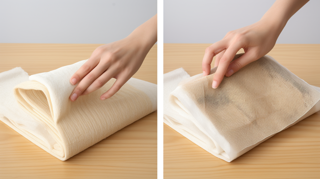 A visual guide to cleaning wood acoustic panels. The first frame shows a person using a dry, lint-free cloth to wipe away surface dust and grime. The second frame illustrates the cautious application of a wood cleaner with a soft cloth, following the wood grain to prevent streaks. An inset image demonstrates a patch test in a hidden area to ensure the cleaner's compatibility and avoid any potential damage. Alternative text: Step-by-step visual guide to cleaning wood acoustic panels, including dry wiping, cautious application of wood cleaner, and conducting a patch test for compatibility