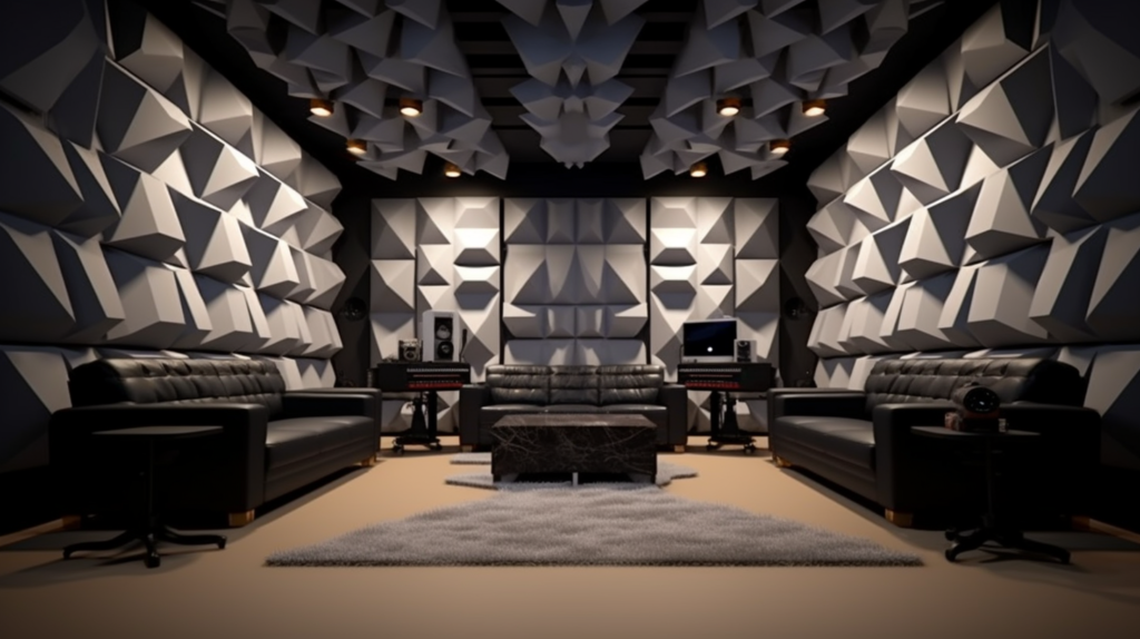 An illustrative image capturing the features and advantages of acoustic foam. The image showcases diverse acoustic foam panels in shapes like wedges, pyramids, and egg-crate designs, symbolizing their efficacy in absorbing and dissipating sound waves to reduce echo and reverb in a room.