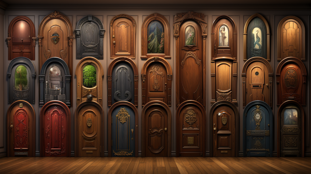 An illustrative depiction of materials used in solid core doors. Icons representing solid wood, MDF (Medium-Density Fiberboard), particleboard, and foam/cork highlight the diverse composition contributing to the soundproofing properties of solid core doors.