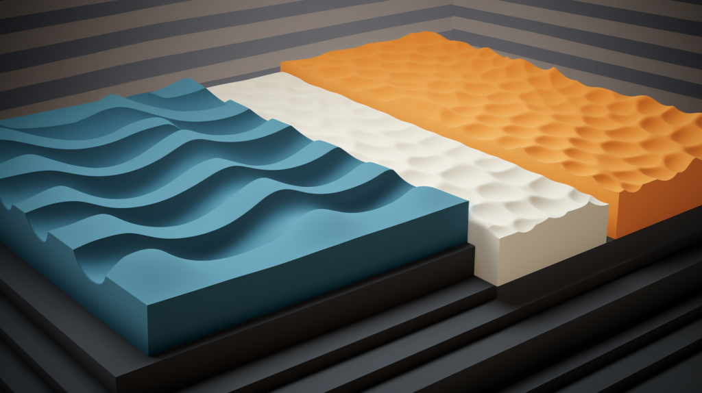 An informative image highlighting the characteristics of soundproof foam. Dense and thick foam is visually represented, symbolizing its effectiveness as a barrier to prevent sound transfer between different areas. The image serves to differentiate soundproof foam from acoustic foam, emphasizing the purpose of soundproof foam in blocking sound rather than enhancing sound quality. This visual guide helps users understand the distinct function and qualities of soundproof foam in the realm of soundproofing